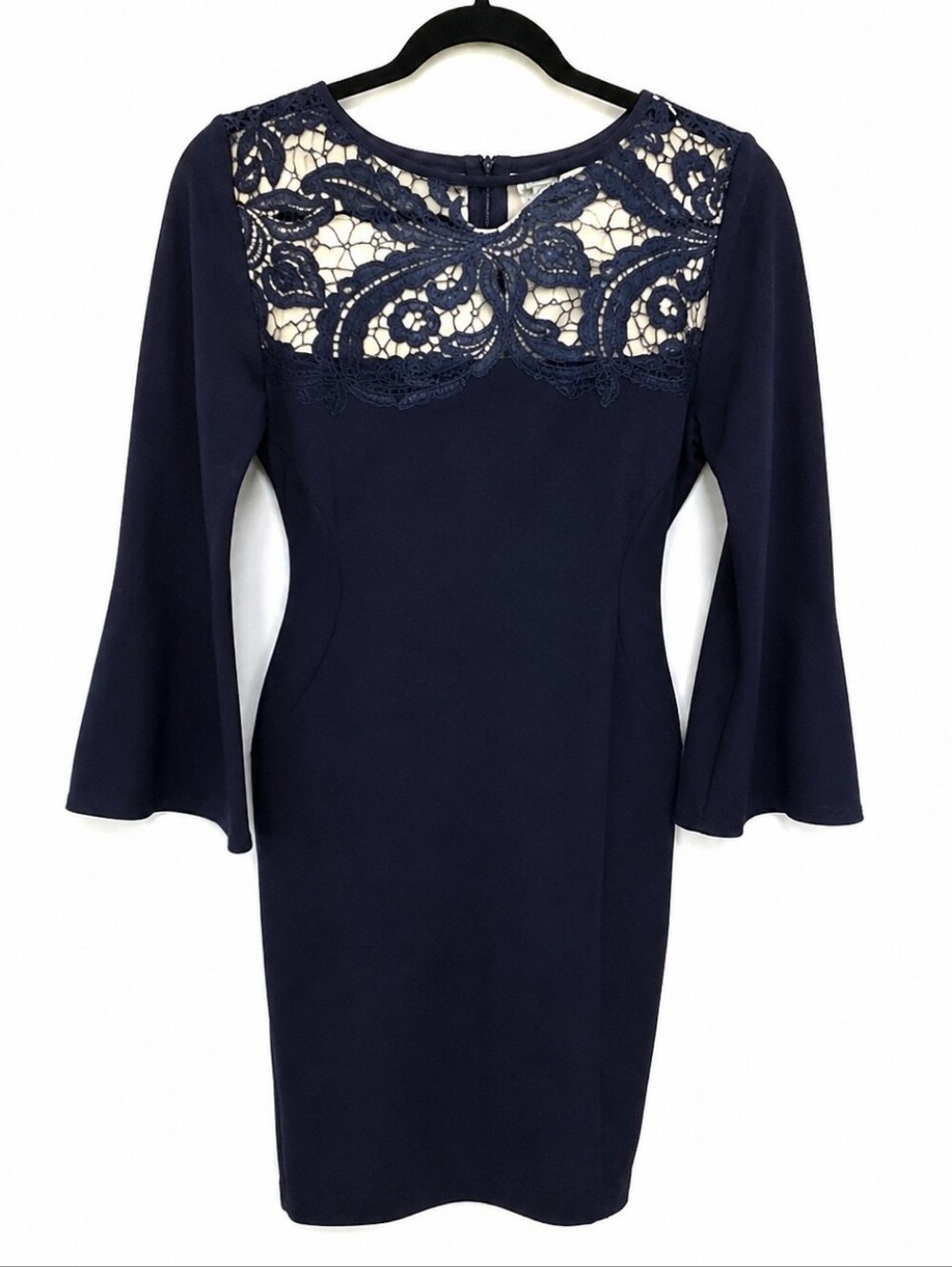 Ralph Lauren Navy Blue Lace Yoke Bell Sleeve Evening Cocktail Dress NWT